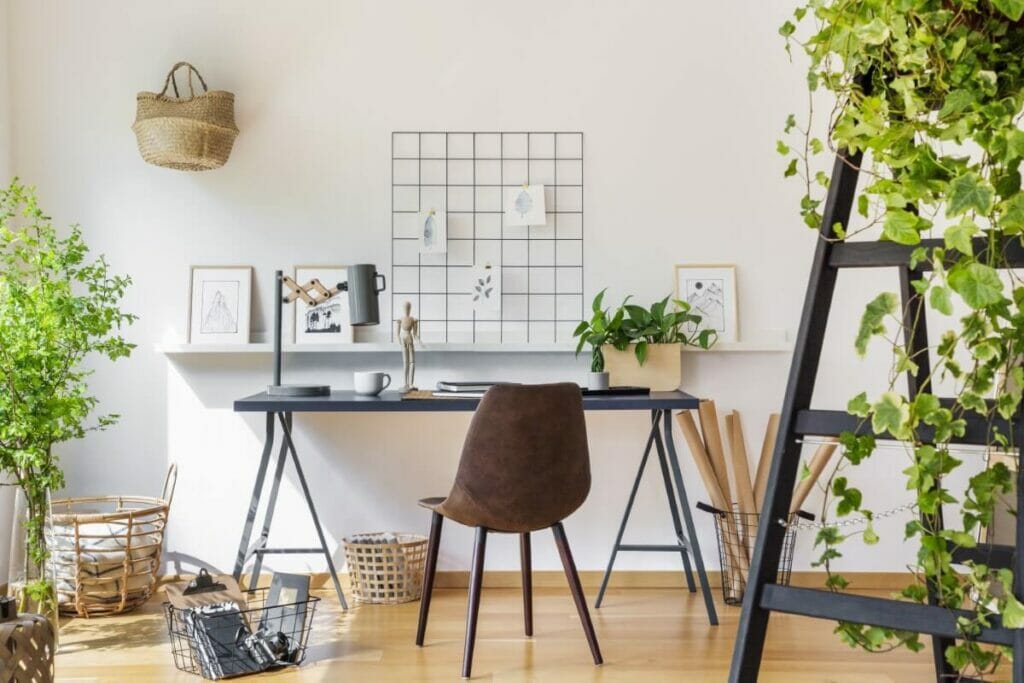 An office desk surrounded by green houseplants