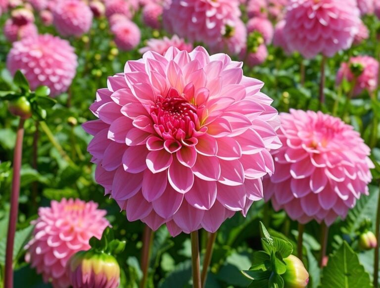 A field of pink dahlia flowers in bloom