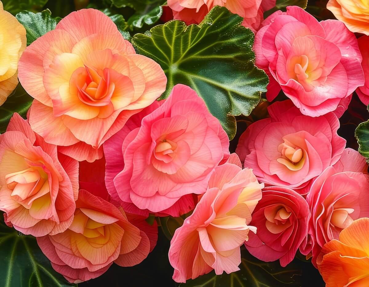 Pink and orange begonia flowers in bloom