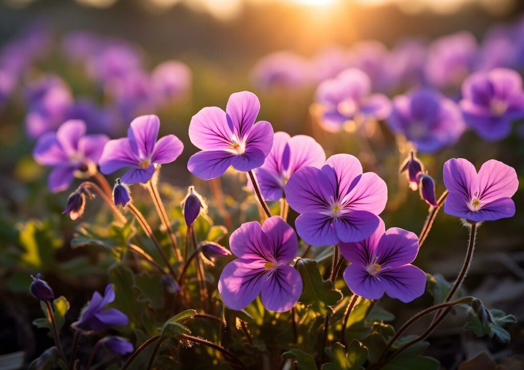 Purple violet flowers growing in a garden with the sun setting