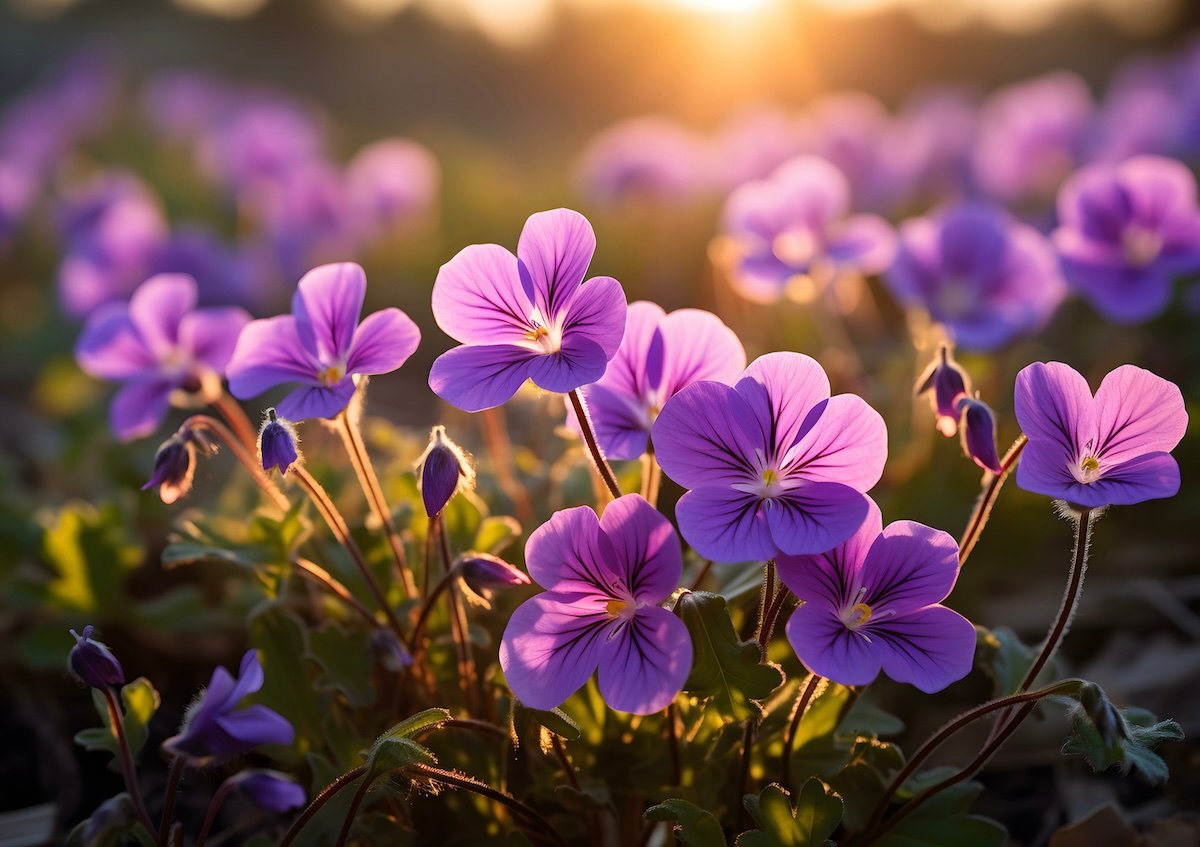 Purple violet flowers growing in a garden with the sun setting