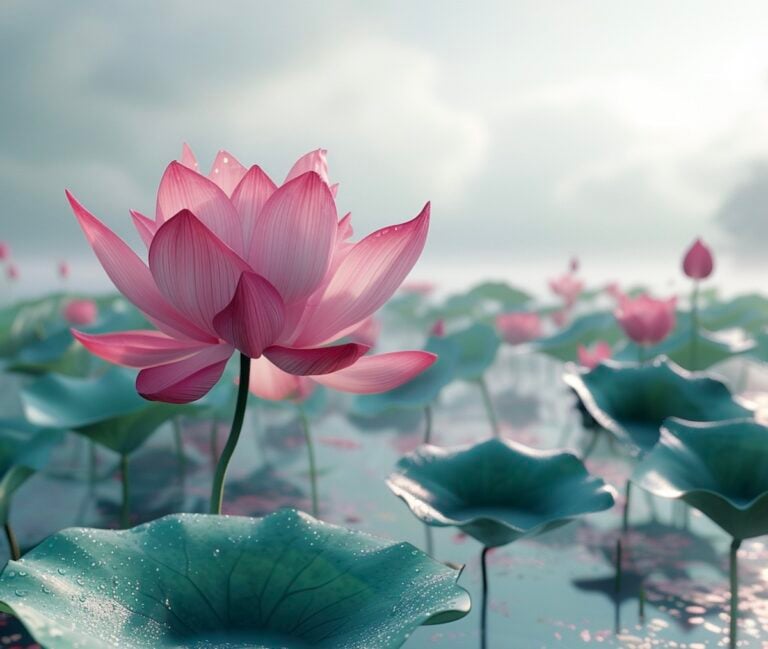 A pink lotus flower in bloom among large green leaves near a body of water