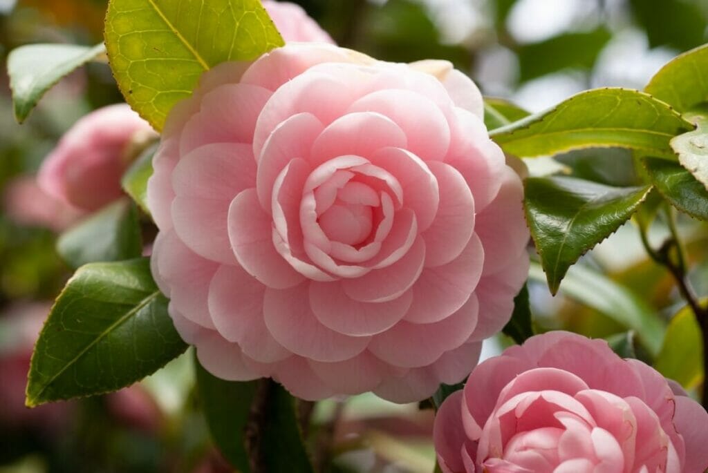 A close shot of soft full camellia flower in bloom