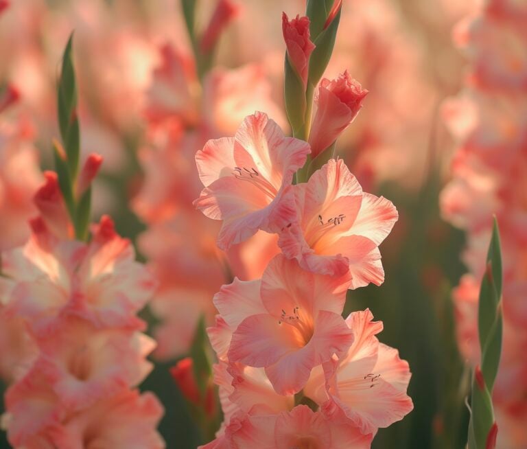 A field of pink gladioli flowers in bloom