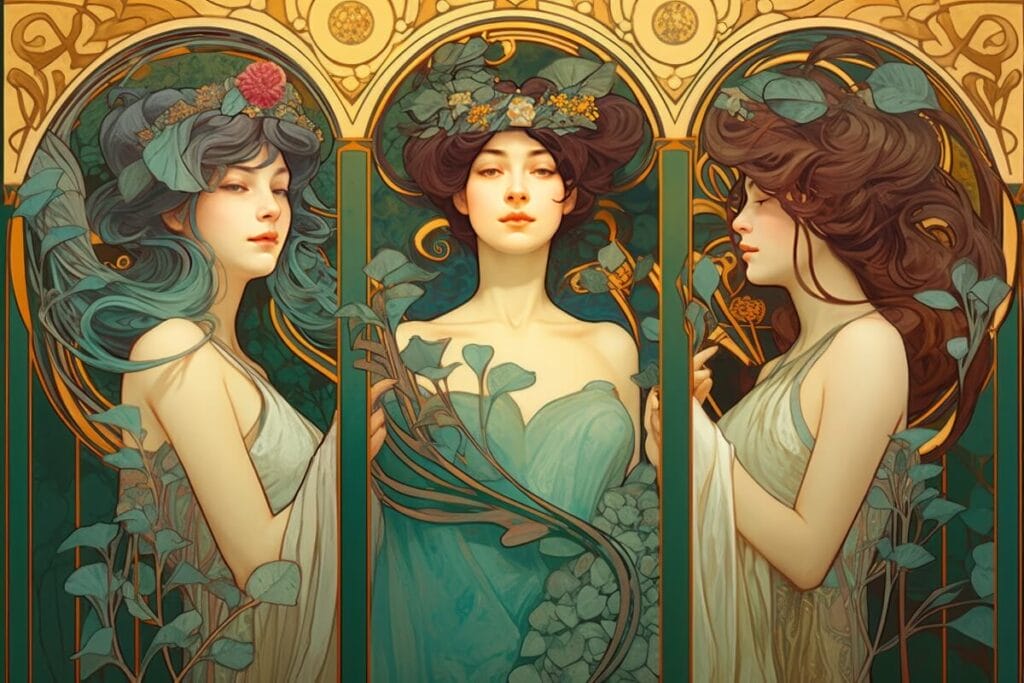 Modern-Contemporary Floral Design depicted in an art nouveau portrait featuring three women with floral crowns