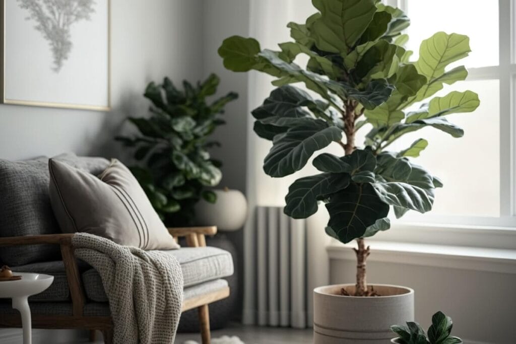 Fiddle Leaf Fig in a white pot in a living room