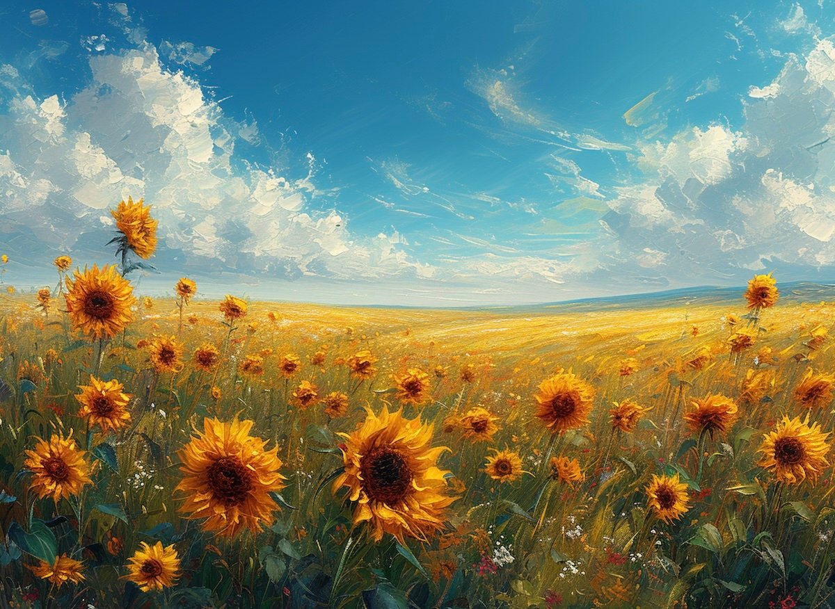 A field of sunflowers in bloom against a blue sky in the style of a Money painting