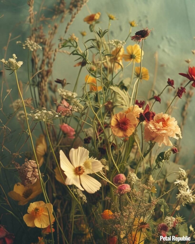 A vintage wildflower floral arrangement featuring various flower types in shades of pink and yellow