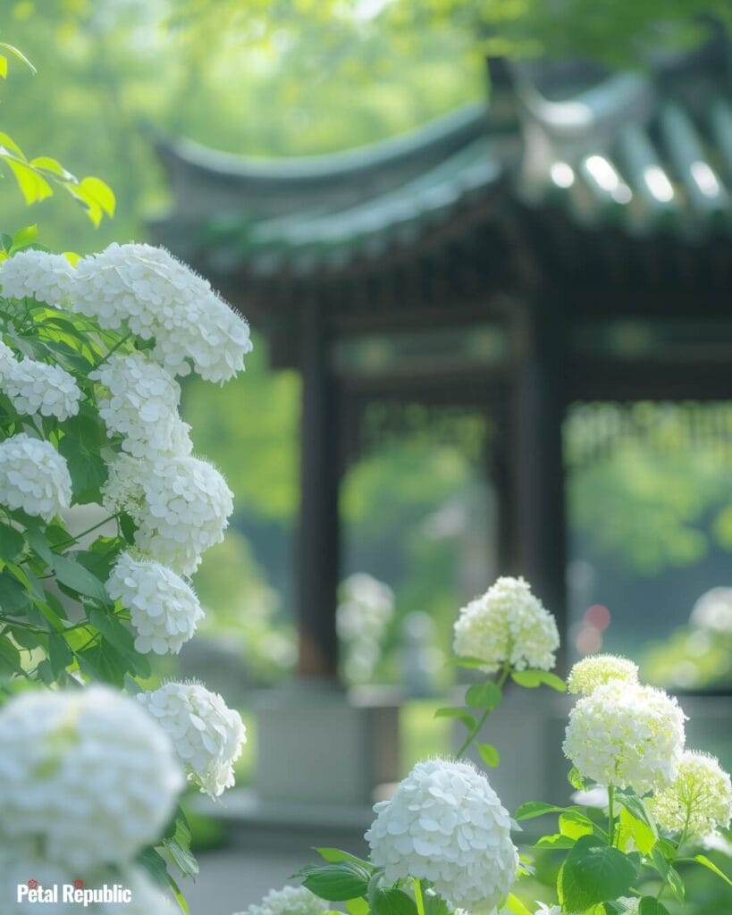 White blooming hydrangea flowers in a Japanese garden