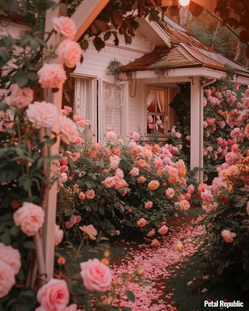Pink roses adorn the front yard of a home