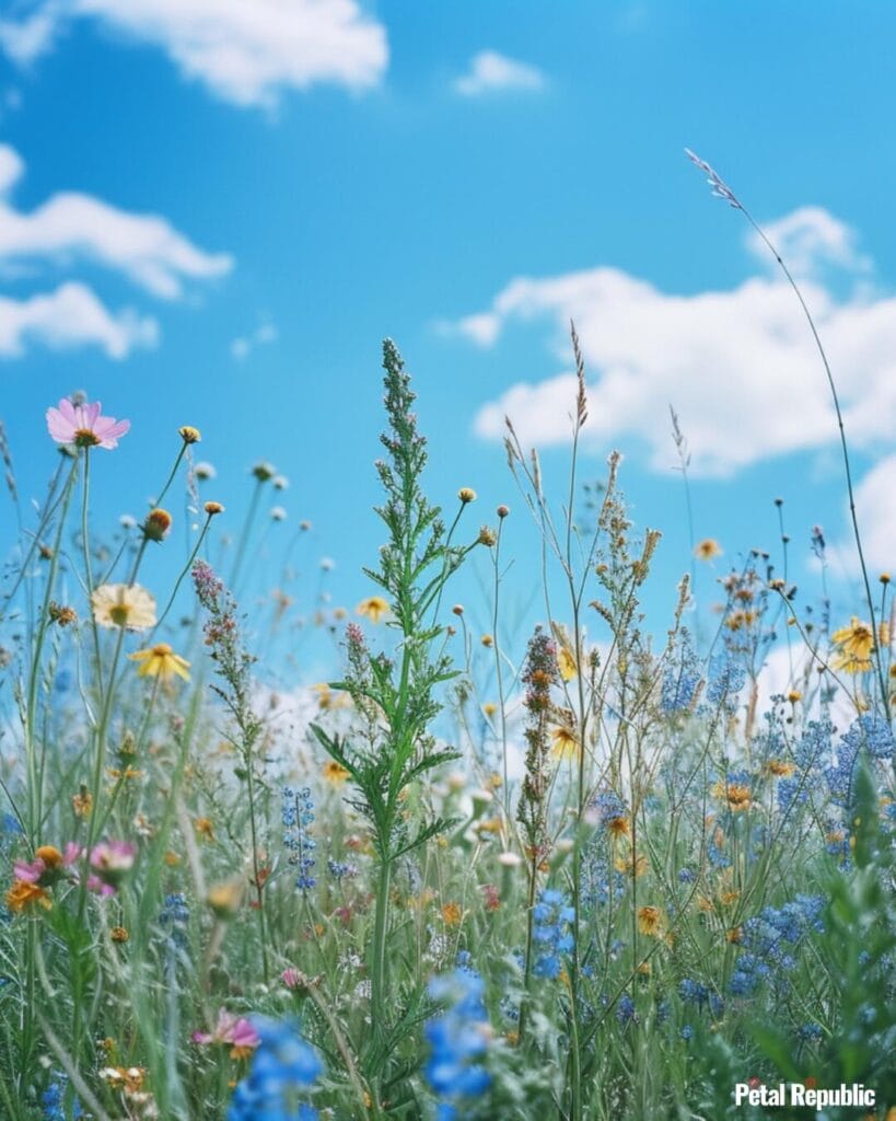 An array of summer wildflowers in bloom against a blue sky with scattered clouds