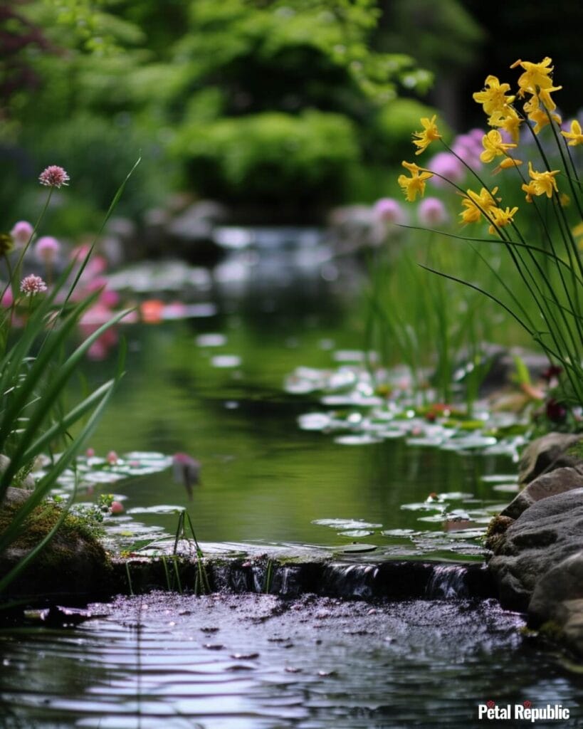 Yellow and pink spring flowers growing next to a stream