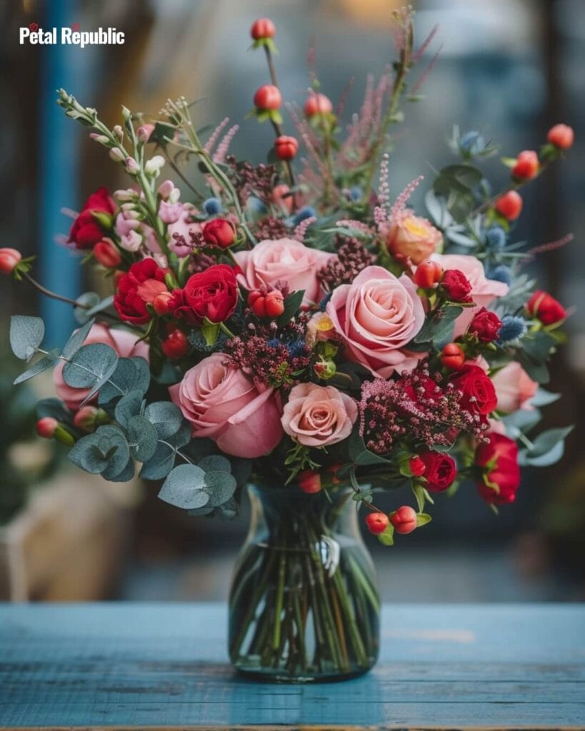 A beautiful vase arrangement featuring pink roses