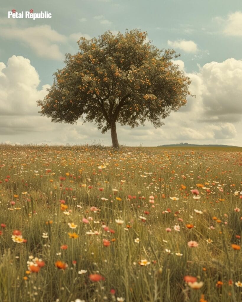 A wildflower meadow with a single tree