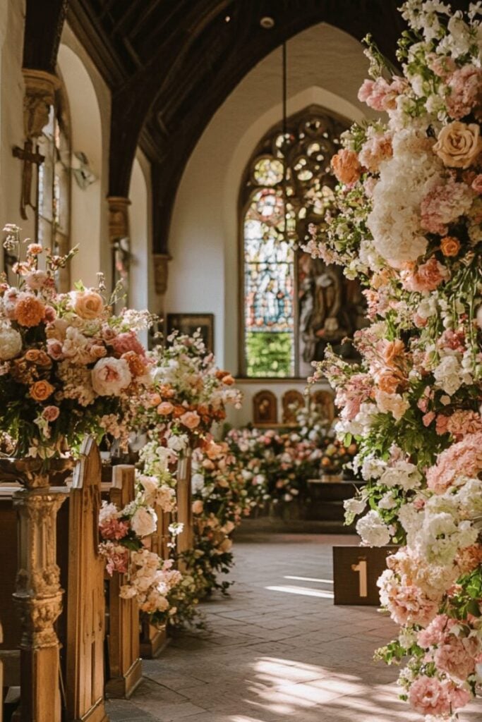 Blush Wedding Aisle Flower Romance in the Chapel