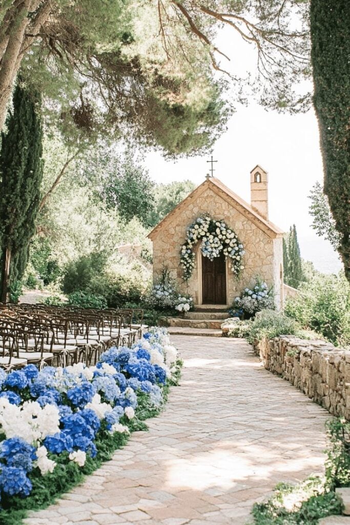 Charming Wedding Aisle Blue in a Rustic Chapel Setting