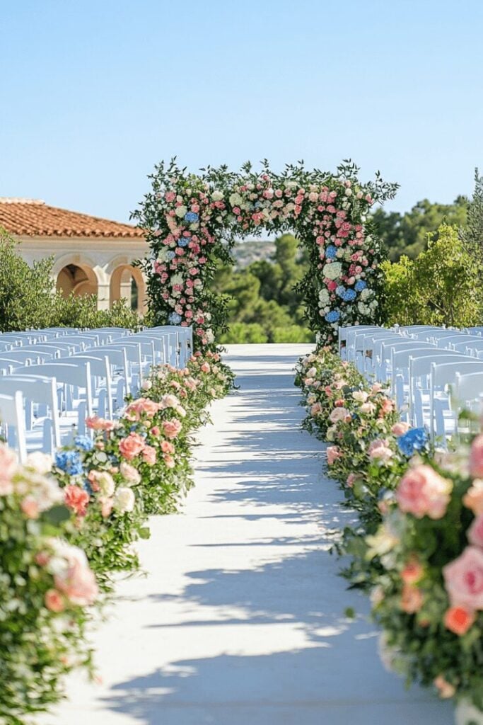 Mediterranean Wedding Flower Aisle Charm with a Blooming Arch