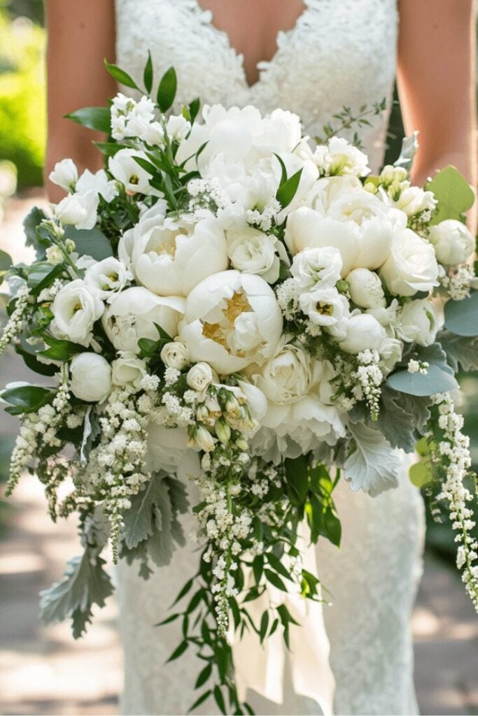 Crisp Whites with Garden Charm Cascading Bridal Bouquet