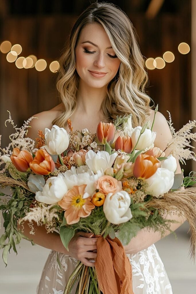A Cozy Blend of Orange and Cream Tulips held by a bride