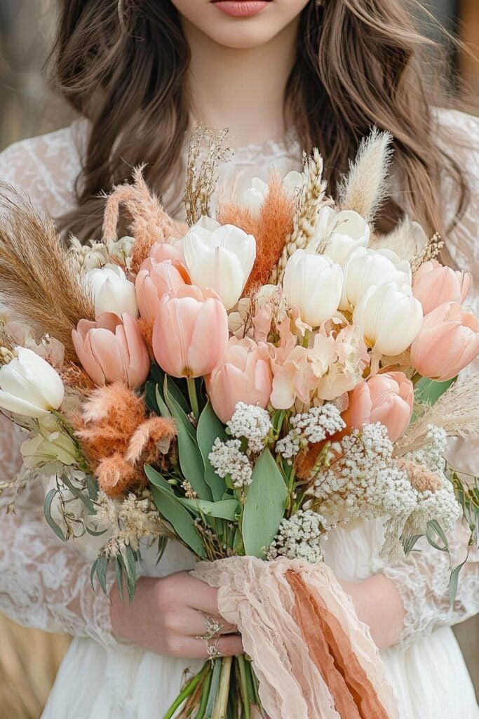 Pastel Tulips and Natural Textures Bridal Bouquet