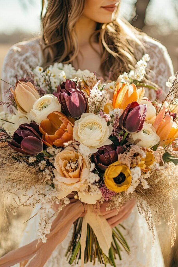 Deep Jewel Toned Tulips with Rustic Accents Bridal Bouquet