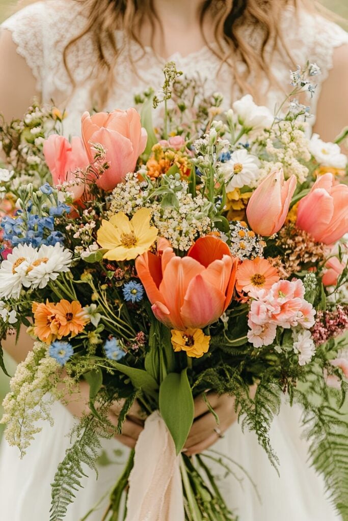 Wildflowers and large pink and coral tulips in a bridal bouquet