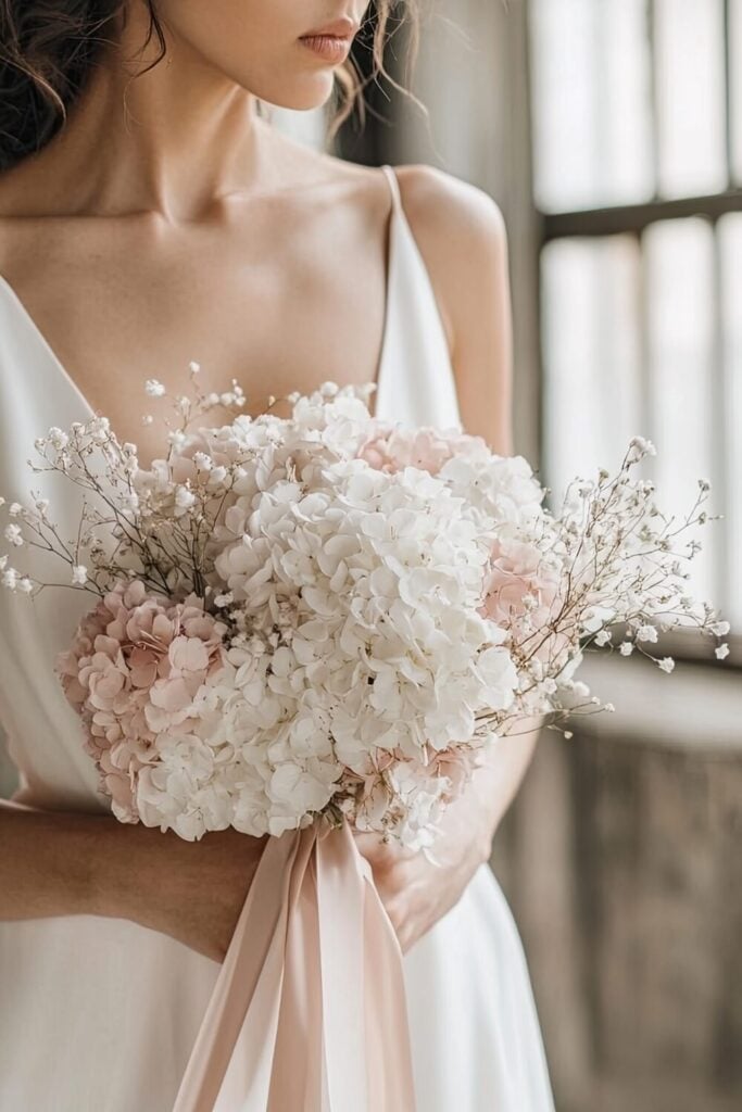Bride holding a white and blush bouquet of hydrangeas and Baby’s Breath with a blush ribbon accent.