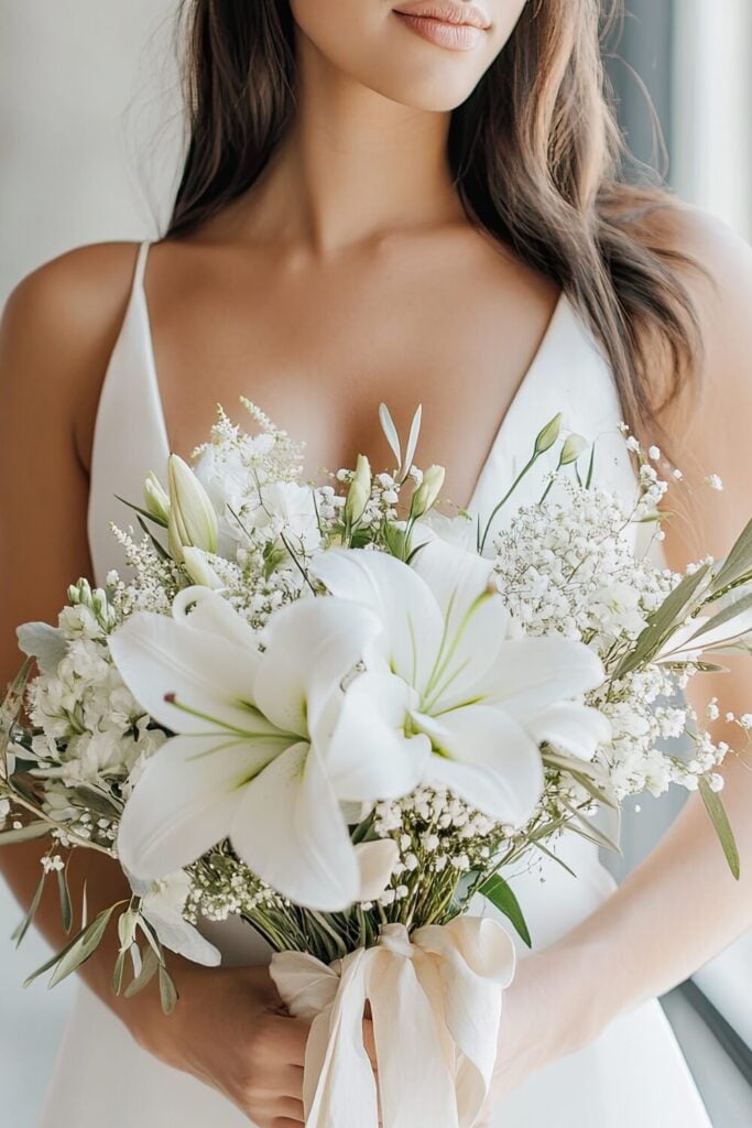 Bride holding a white lily bouquet with Baby’s Breath, olive branches, and a cream ribbon, against a softly lit indoor background.