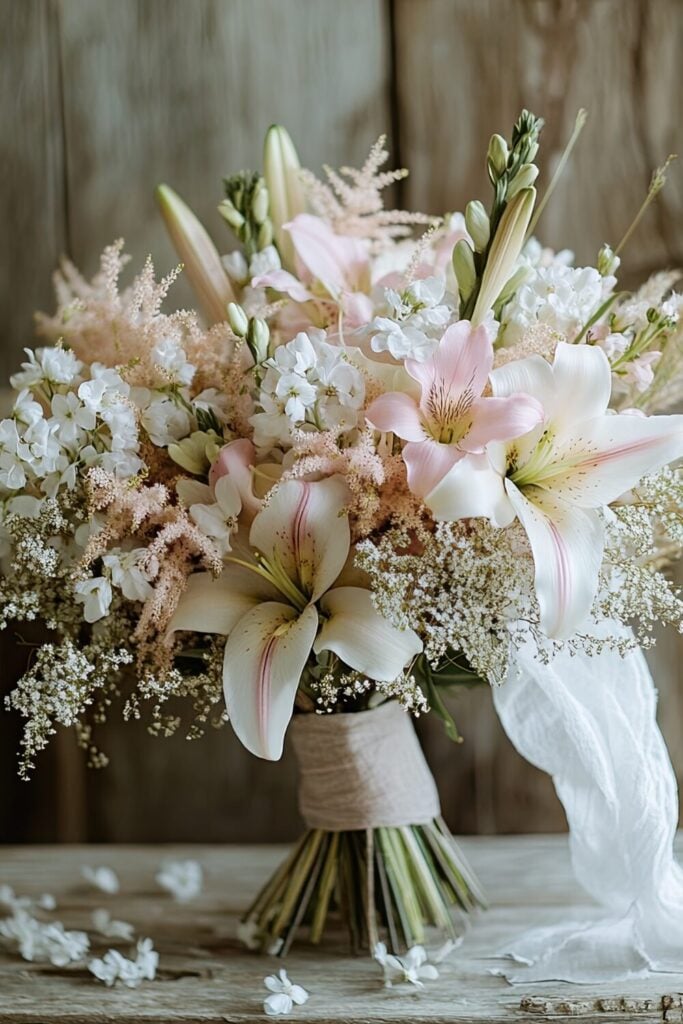 Blush and white lily bouquet with Baby’s Breath, astilbe, and twine-wrapped stems on a rustic wooden table.