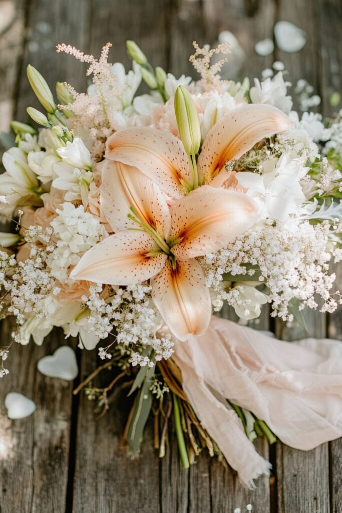 Peach lily bouquet with Baby’s Breath, white blooms, greenery, and a flowing peach ribbon on a wooden table.