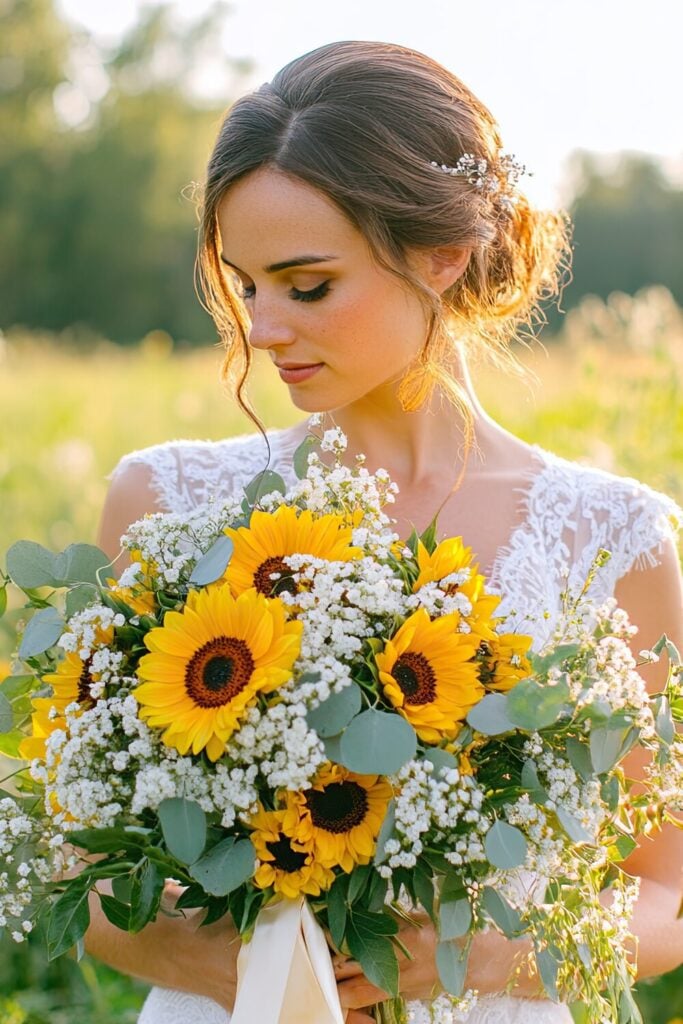 Bride holding a sunflower and Baby’s Breath bouquet with eucalyptus, standing in a sunny field.
