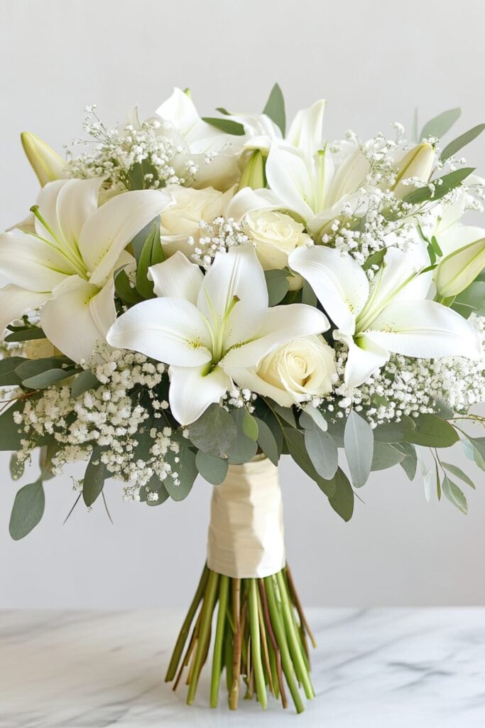 White lily and rose bouquet with Baby’s Breath and eucalyptus, wrapped in an ivory ribbon, displayed on a marble table.