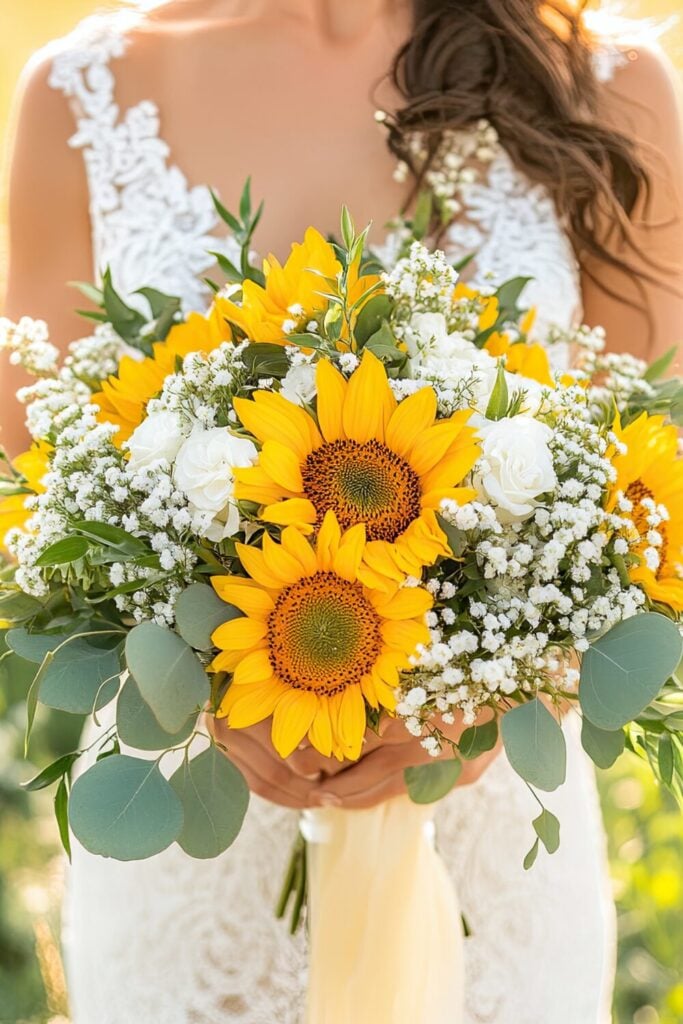 Bride holding a sunflower bouquet with Baby’s Breath, white roses, and eucalyptus, glowing in a sunlit field.