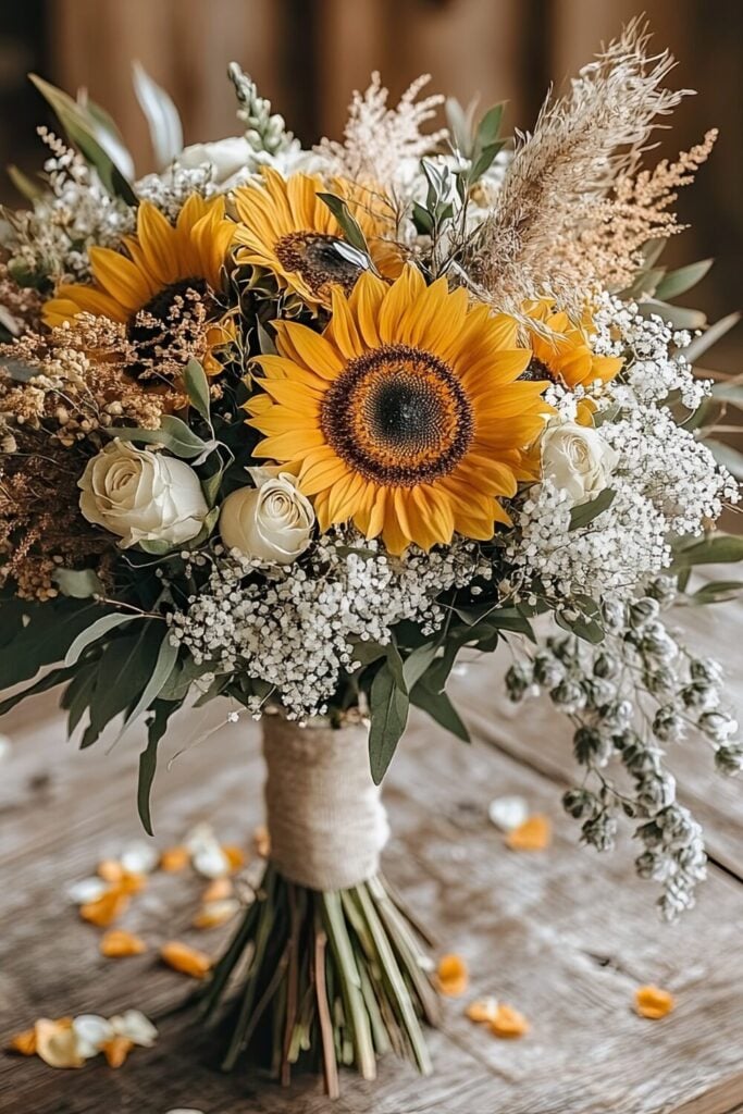 Rustic sunflower bouquet with ivory roses, pampas grass, and Baby’s Breath, wrapped in twine, displayed on a wooden table.