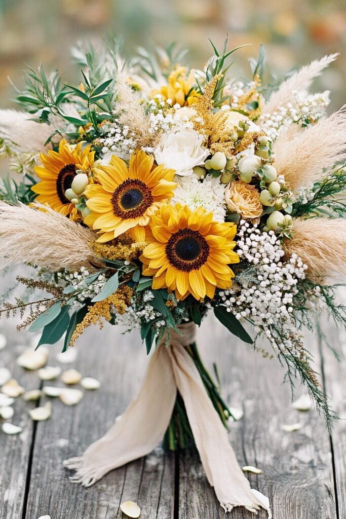Sunflower bridal bouquet with pampas grass, ivory blooms, and Baby’s Breath on a weathered wooden surface.