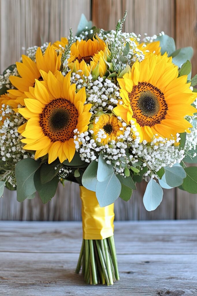 Bright sunflower wedding bouquet with Baby’s Breath, eucalyptus, and a yellow ribbon, displayed against a rustic wooden backdrop.