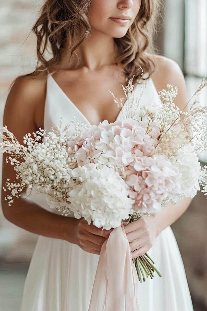Bride holding a pastel bouquet with hydrangeas, Baby’s Breath, and dried grasses in soft blush and white tones.