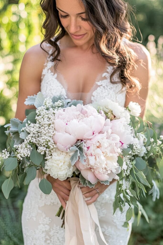 Bride holding a wedding bouquet of blush and white peonies with Baby’s Breath and dusty miller, standing in a garden setting.