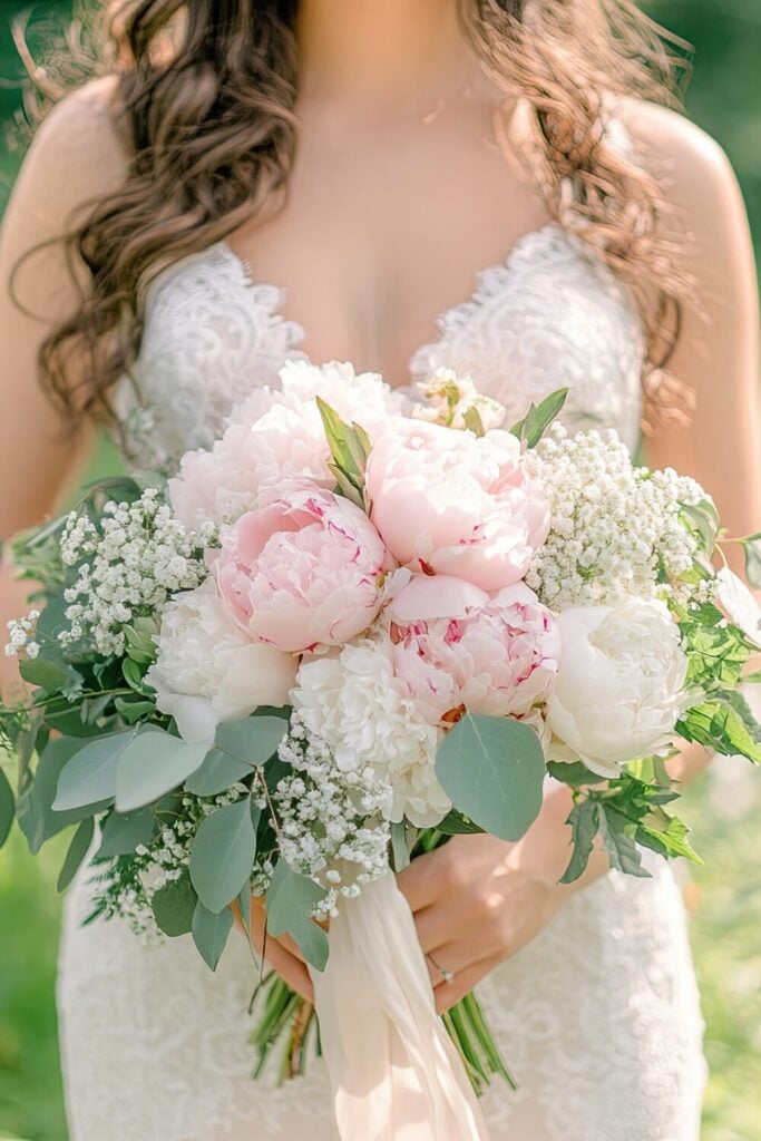 Bride holding a blush and white peony bouquet with Baby’s Breath and eucalyptus, standing in soft sunlight.