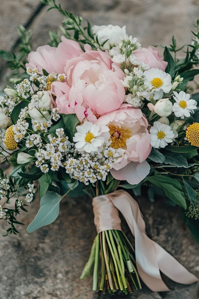 Wildflower-inspired bouquet with pink peonies, daisies, Baby’s Breath, and craspedia, tied with a soft blush ribbon.