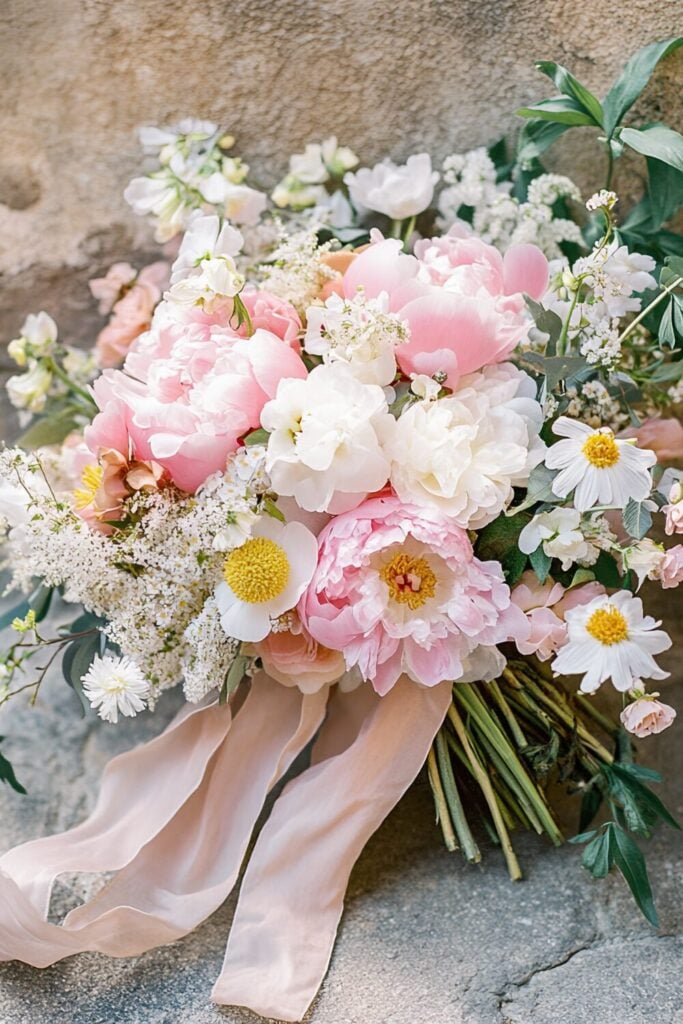 Cascading wedding bouquet with peonies, daisies, Baby’s Breath, and blush ribbons, resting against a stone backdrop.