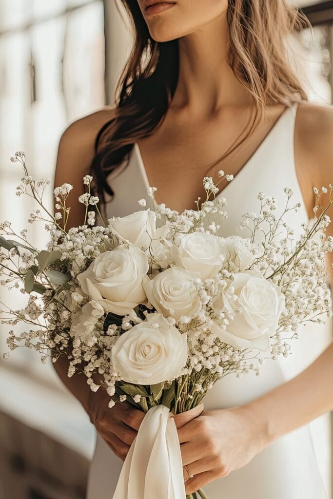 Bride holding a classic white rose bouquet with Baby’s Breath and eucalyptus, tied with a satin ribbon.