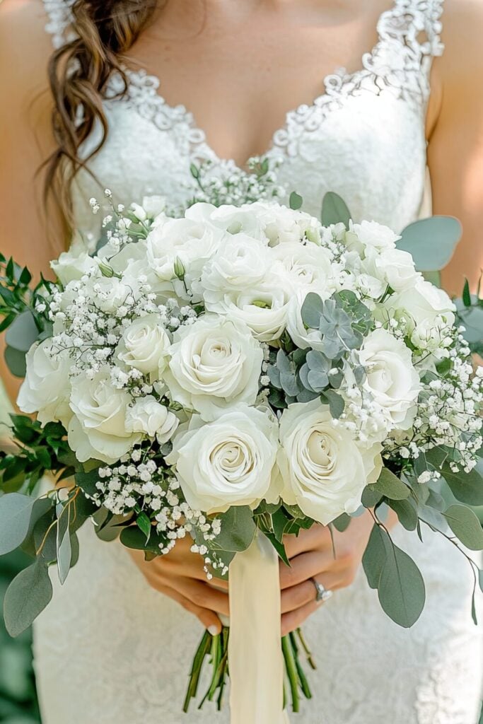 Bride holding a white rose wedding bouquet with eucalyptus and Baby’s Breath, styled for a traditional wedding.
