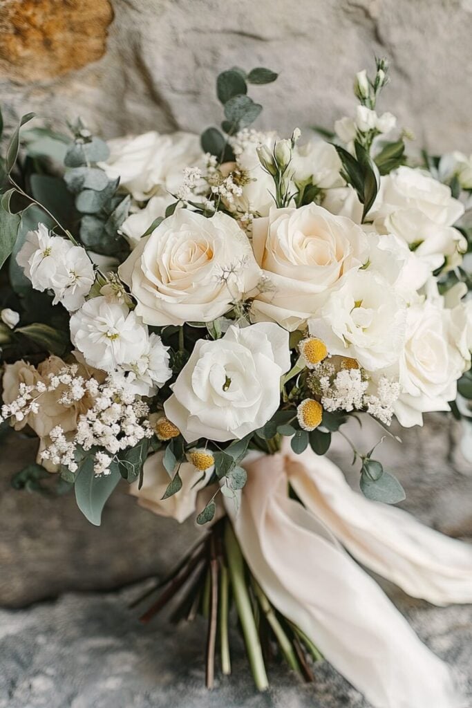 A dreamy white wedding bouquet featuring roses, lisianthus, Baby’s Breath, and eucalyptus tied with a soft blush ribbon.