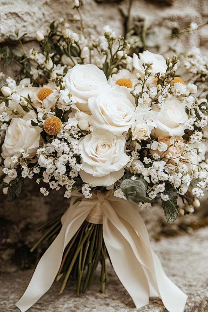 A white rose and Baby’s Breath wedding bouquet accented with yellow Craspedia and tied with a cream ribbon.