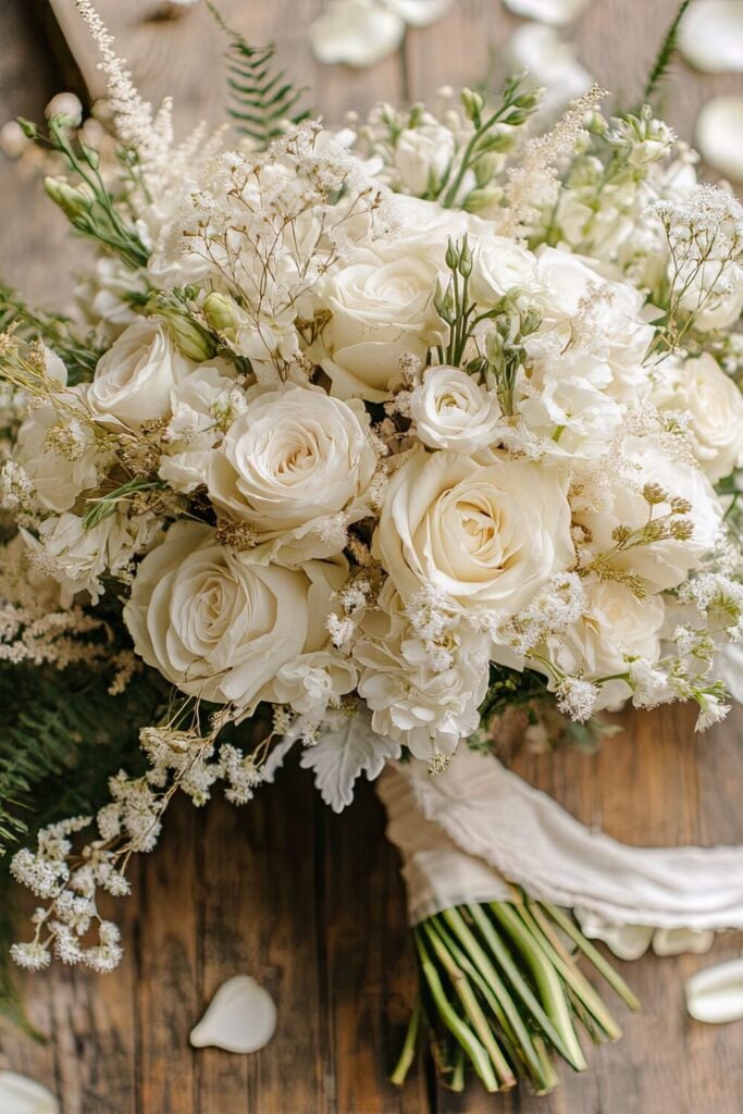 A woodland-inspired white bouquet with roses, hydrangeas, Baby’s Breath, astilbe, and ferns tied with a vintage ribbon.