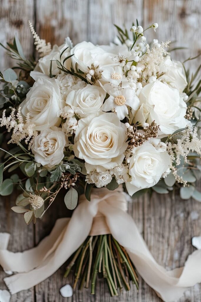 A vintage-inspired white bridal bouquet with roses, Baby’s Breath, astilbe, and eucalyptus, tied with a wide cream ribbon.