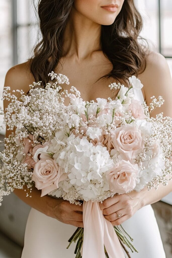 Bride holding a wedding bouquet of blush roses, hydrangeas, and Baby’s Breath, tied with a blush ribbon.