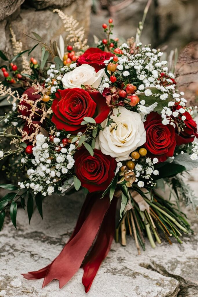 A dramatic wedding bouquet with red and white roses, Baby’s Breath, and berries tied with a deep red ribbon.