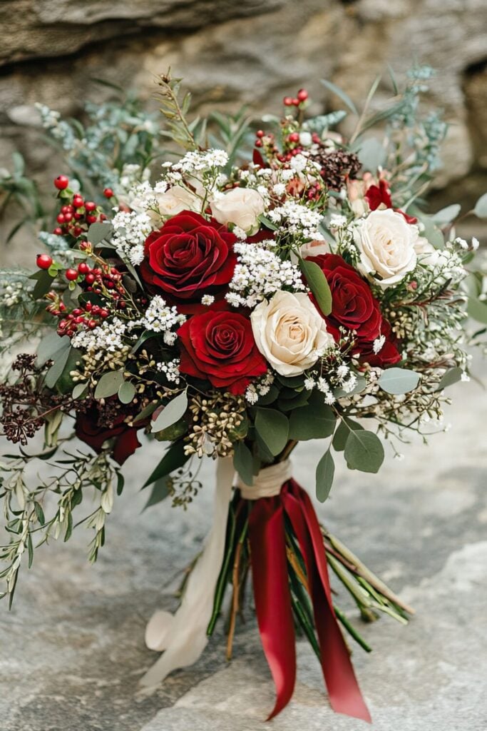 A red and ivory wedding bouquet with roses, Baby’s Breath, eucalyptus, and berries tied with a deep red ribbon.